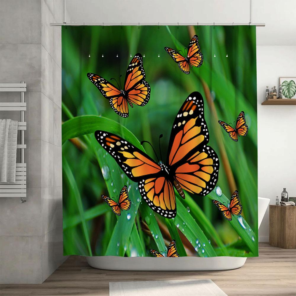 Butterfly Printed Shower Curtain Home Decor Waterproof Polyester Fabric Yellow Black Orange Butterfly Garden Bath Rug Decoration