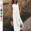 2025 Summer Women's Sleeveless Round Neck Slit Long Dress, Multi-Color Solid Options