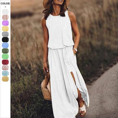 2025 Summer Women's Sleeveless Round Neck Slit Long Dress, Multi-Color Solid Options