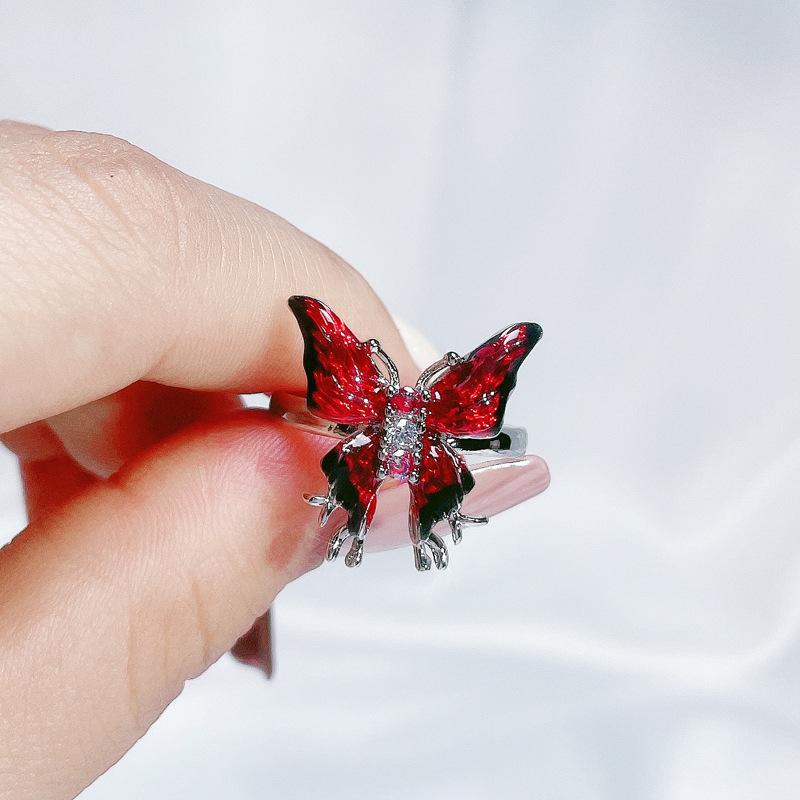 Temperament Niche Exquisite Design Sense Personality Ring Sweet Cool Red Enamel Drip Glaze Butterfly Opening Ring Female