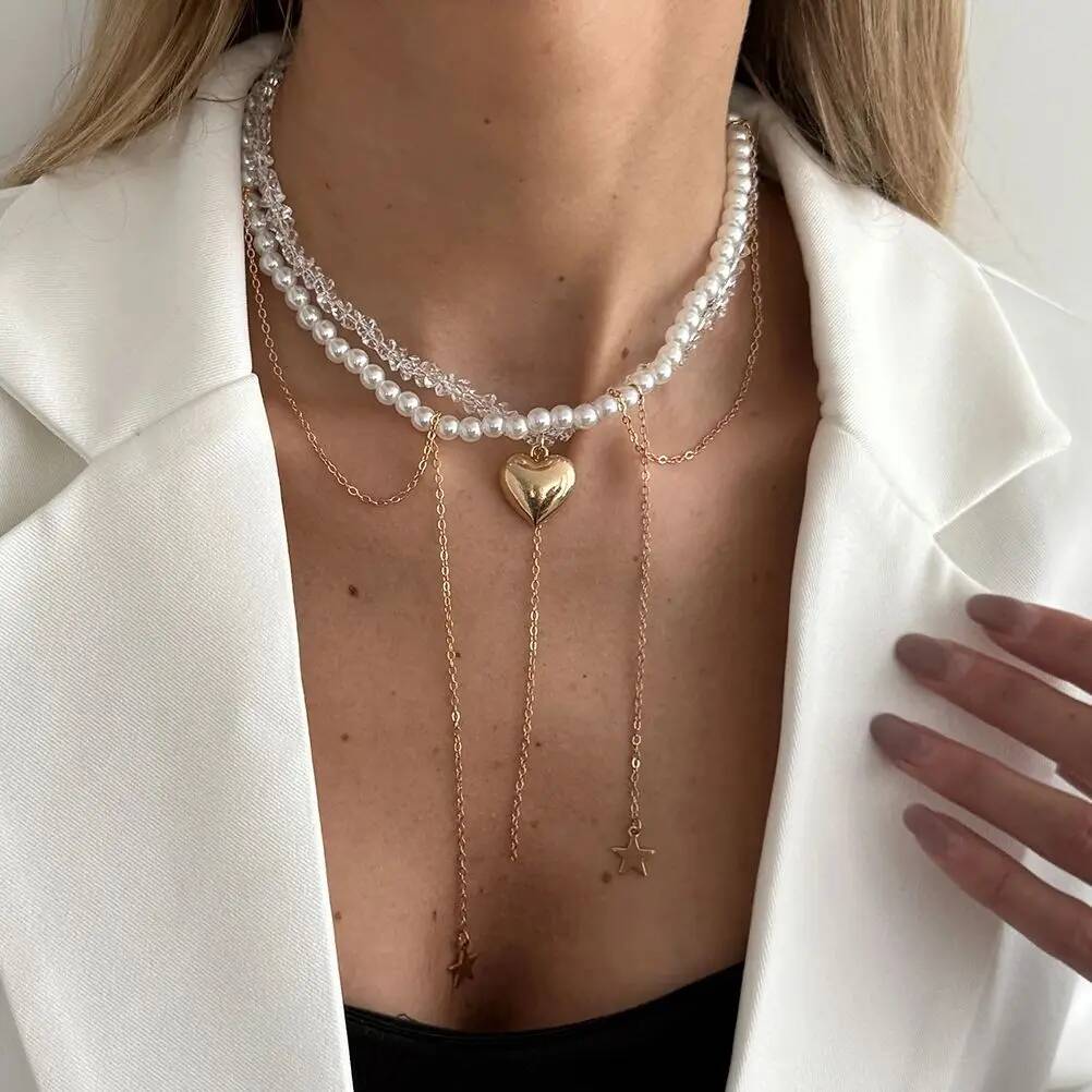 SHIXIN Elegant Imitation Pearls Crystal Beaded Chokers Necklace for Women Vintage Love Heart Pendant Necklace Y2K Accessories