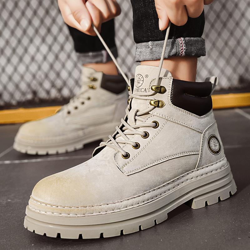 Fashion Outdoor Leather Mens Slip on Boots Platform Shoes Luxury Brand Men Winter Snow Boots Fashion All-match Men Motocross Boots