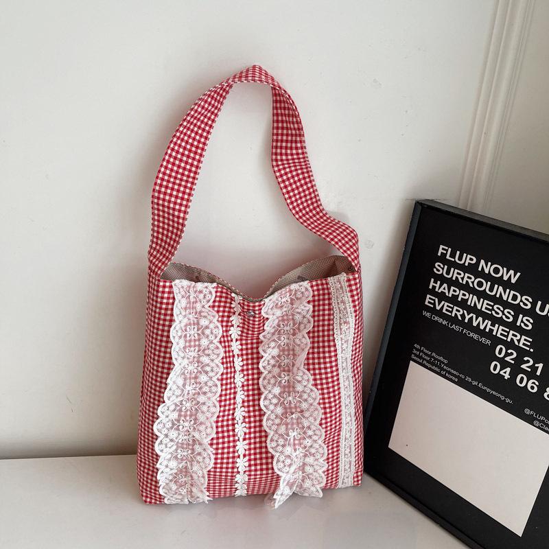 Fashion girly lace sweet wind bucket bag 2025 new large capacity underarm canvas bag plaid shoulder bag