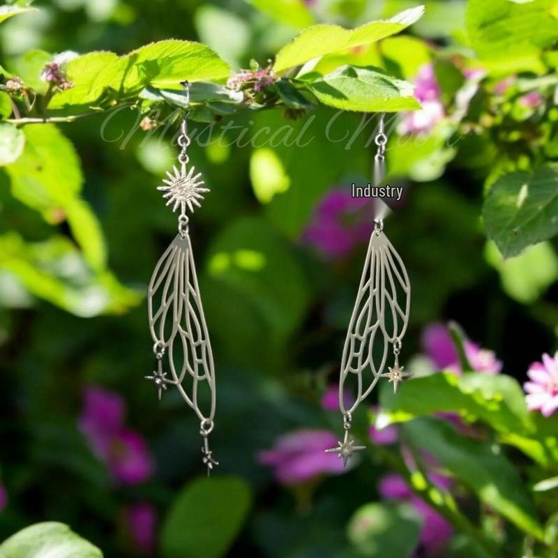 Cross-border Silver Earrings: Sun, Moon & Star Fairy Wings Design