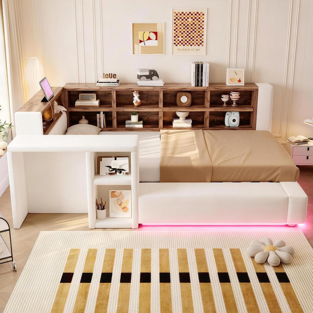 Upholstered Bed 90 X 200 Cm, With Multi-Level Storage, LED Lighting, Integrated Sockets In the Headboard, Side Table, Upholstered Backrest, Beige