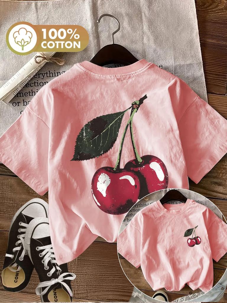2026 Fashion Chic Retro Cherry 90s 100 Cotton Unisexs Tshirt Y2k Soft Crew Neck Short Sleeve Top Vintage Shirt Summer