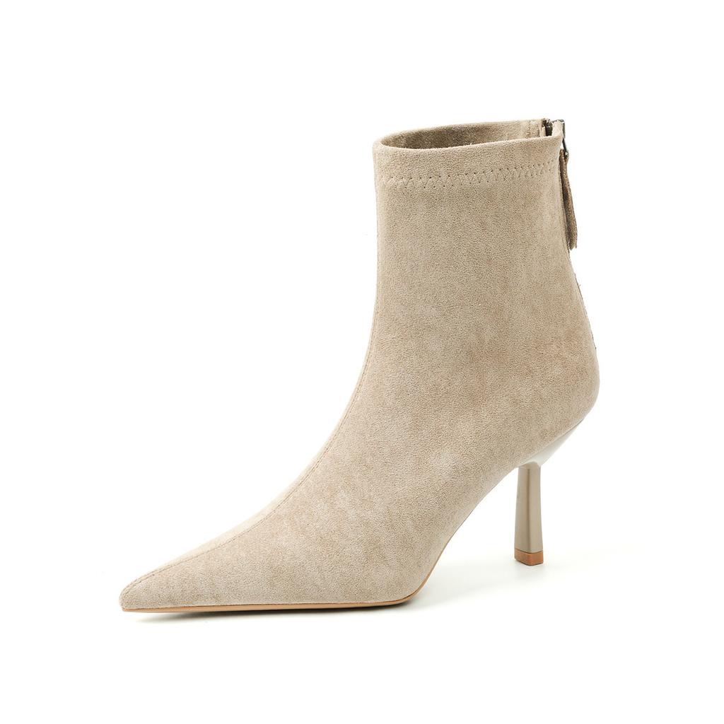 Cowhide version~ high-heeled short boots women's new spring and autumn single boots temperament pointed thin heel suede elastic thin boots