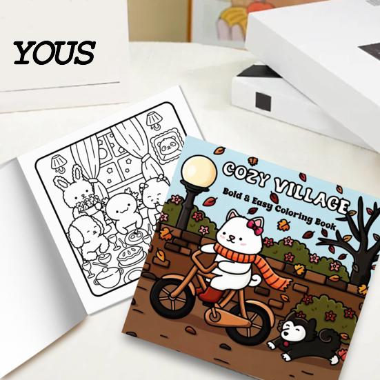 Drawing Pads for Colored Pencils Cozy Village Coloring Book, Thickened Cotton Pulp Paper, Stress Healing Cartoon Illustrations Relief Portable