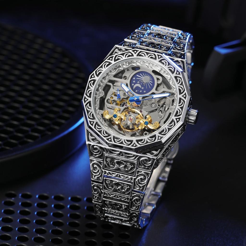 FORSINING Mens Luxury Engraving Wrist Watches Unique Tattoo Pattern Carved Stainless Steel Band Luminous Automatic Skeleton Watch