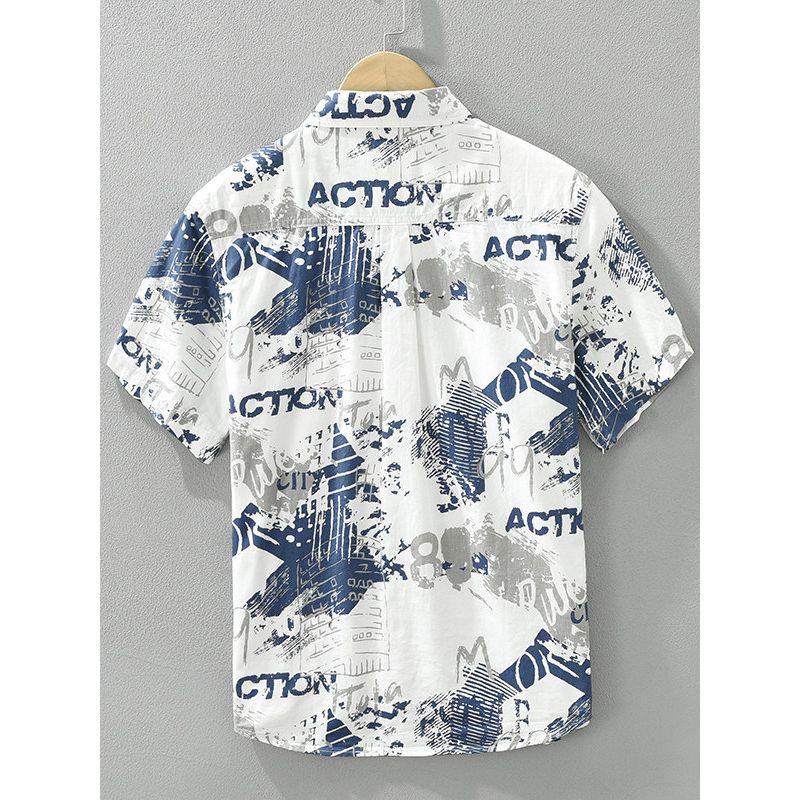 Summer Tokyo Trendy over Print Half Short sleeve Shirts Men's Clothing Hong Kong Style Youth Loose Casual Shirt Pure Cotton New