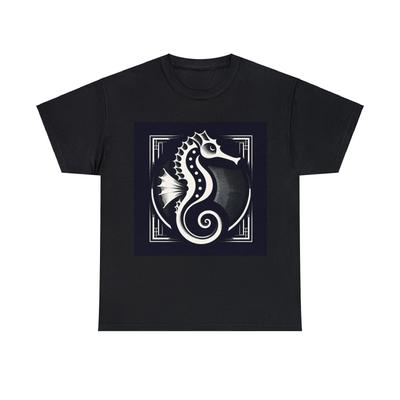Unisex Adult T Shirt Designer Black White Vintage Seahorse Art Deco Beach Ocean