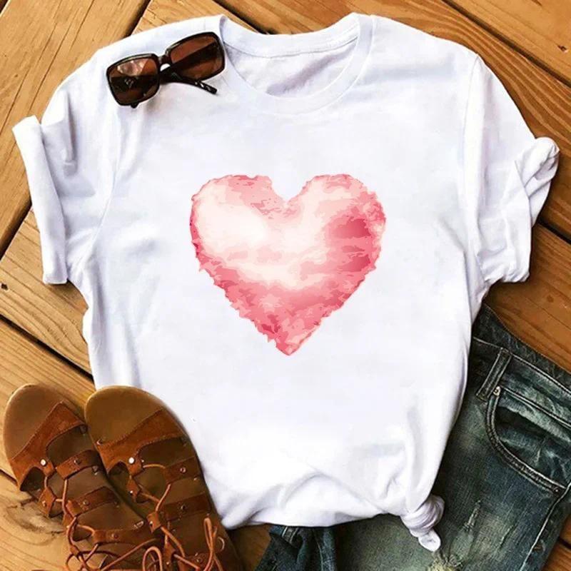 T-shirt Women Neck T-shirt Women T Shirt Love Flower Half Sleeve Cartoon White Letter Aesthetic Clothes