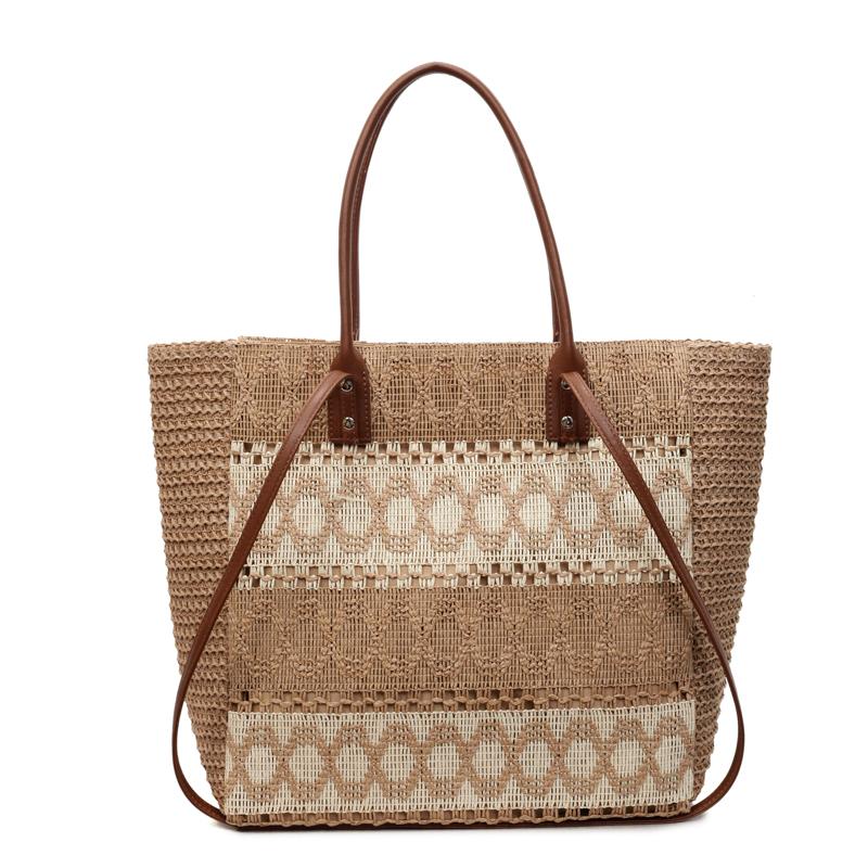 Плетеная соломенная сумка-тоут Контрастная кожаная ручка Пляжная сумка-тоут для женщин хаки