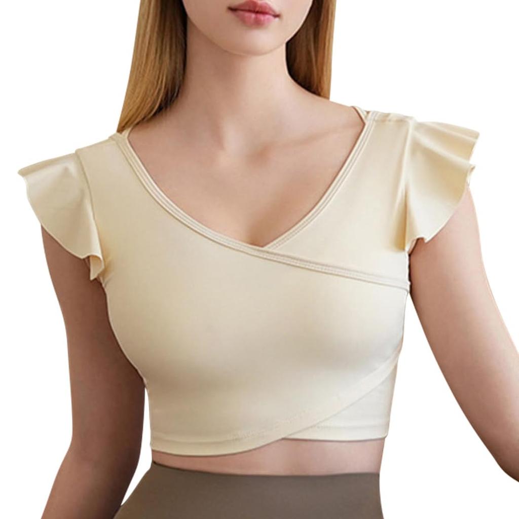 DAYCLOSET Yoga French Shoulder Yoga156 Women's Top, Sleeve, Ruffles, Cupped, Lightweight, Breathable, (Size S, Ivory)
