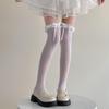 White Bow Lace Trim Lolita Thigh High Stockings - Spring/Summer Women's Ballet Style Over-the-Knee Socks in Milk White