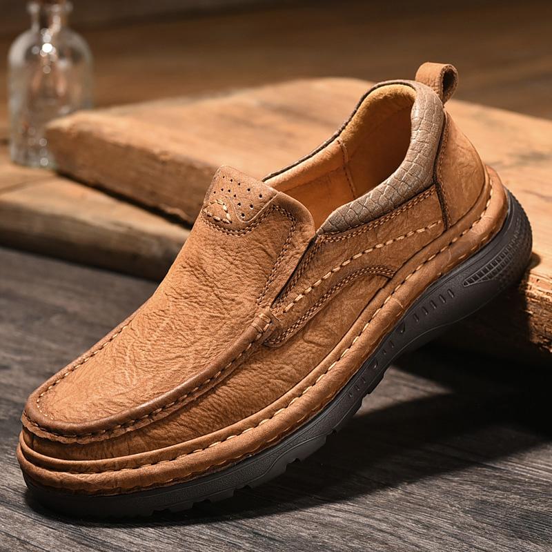 Fashion Genuine Leather Mens Loafers Anti-slip Rubber Man Casual Shoes Vintage Style Walk Shoes Slip-On Hiking Footwear Luxury Moccasins