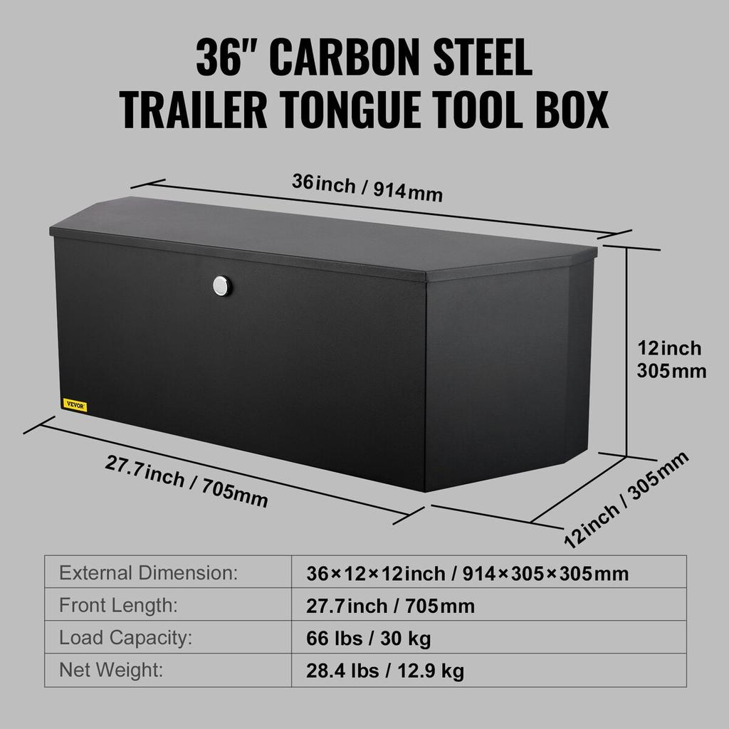 Trailer Tongue Tool Storage Box 36 x 12 x 12 inch Carbon Steel + Lock Keys