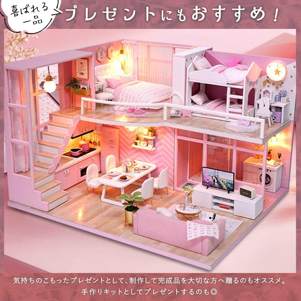 Moin Moin 1/24 Dollhouse Miniature DIY Kit Modern Pink Flower Room with LED Light and Acrylic Case