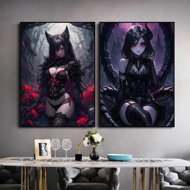 Fantasy Magical World Gothic Cool and Cute Character Aesthetics Anime Girl Canvas Painting Art for Wall Manga Game Room Decor