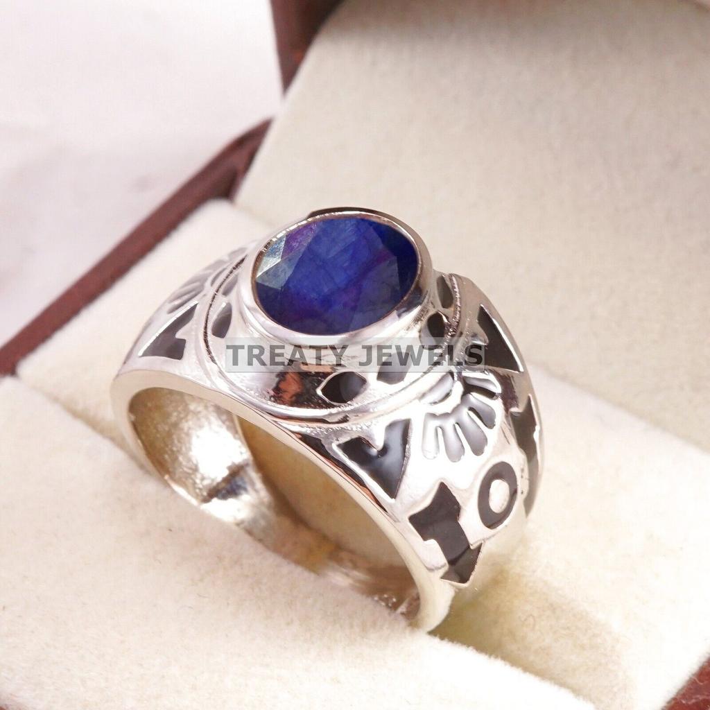 Blue Sapphire Oval Cut Gemstone With 925 Sterling Silver Ring For Men's #B606 JL375686496600