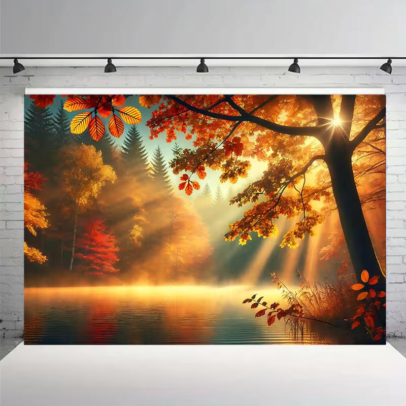 2D Enchanted Autumn Forest Lake Photography Background