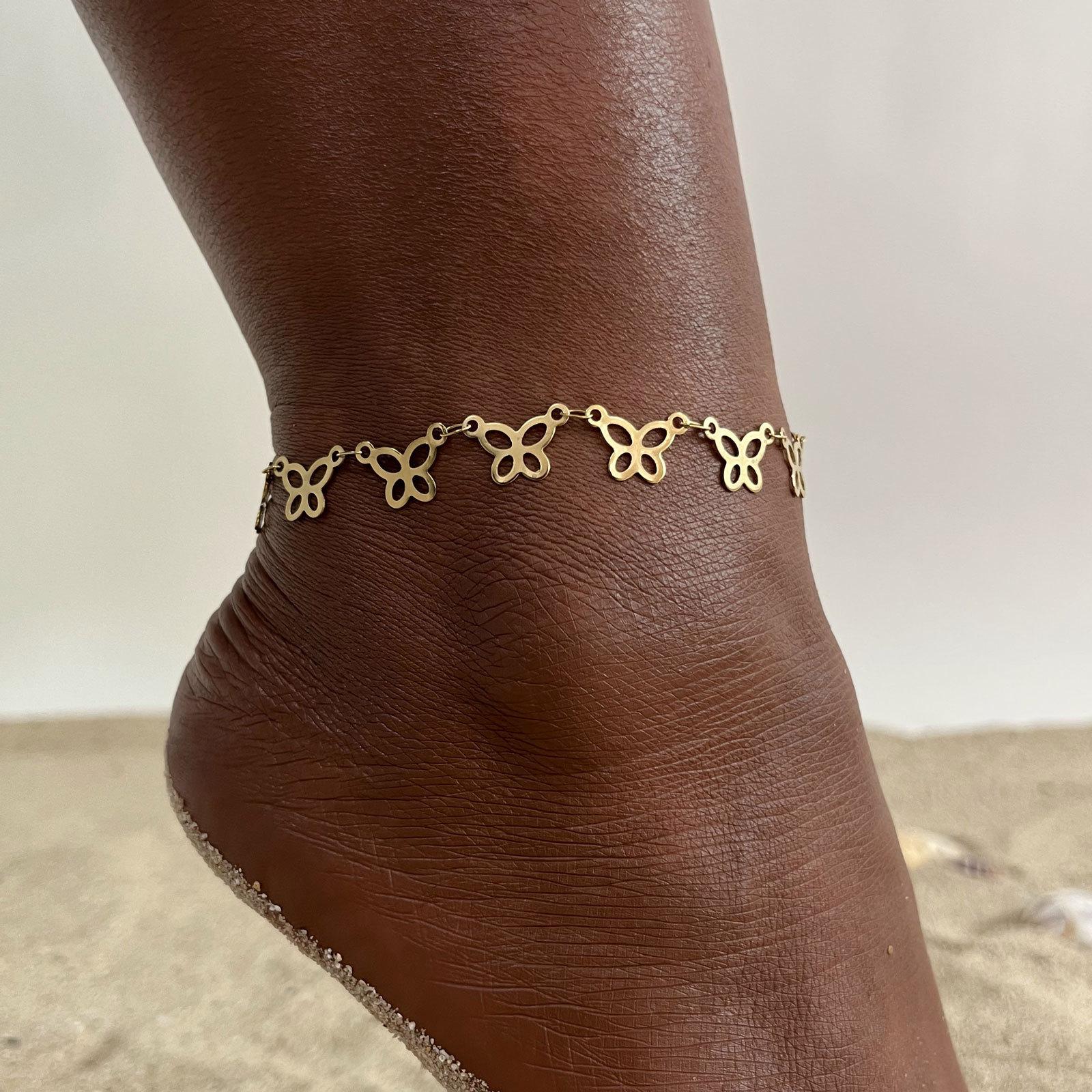 Fenny Jewelry 18K PVD Gold Plated Double Hollow Heart Crescent Star Pendant Snake Chain Stainless Steel Anklet Trendy for Women