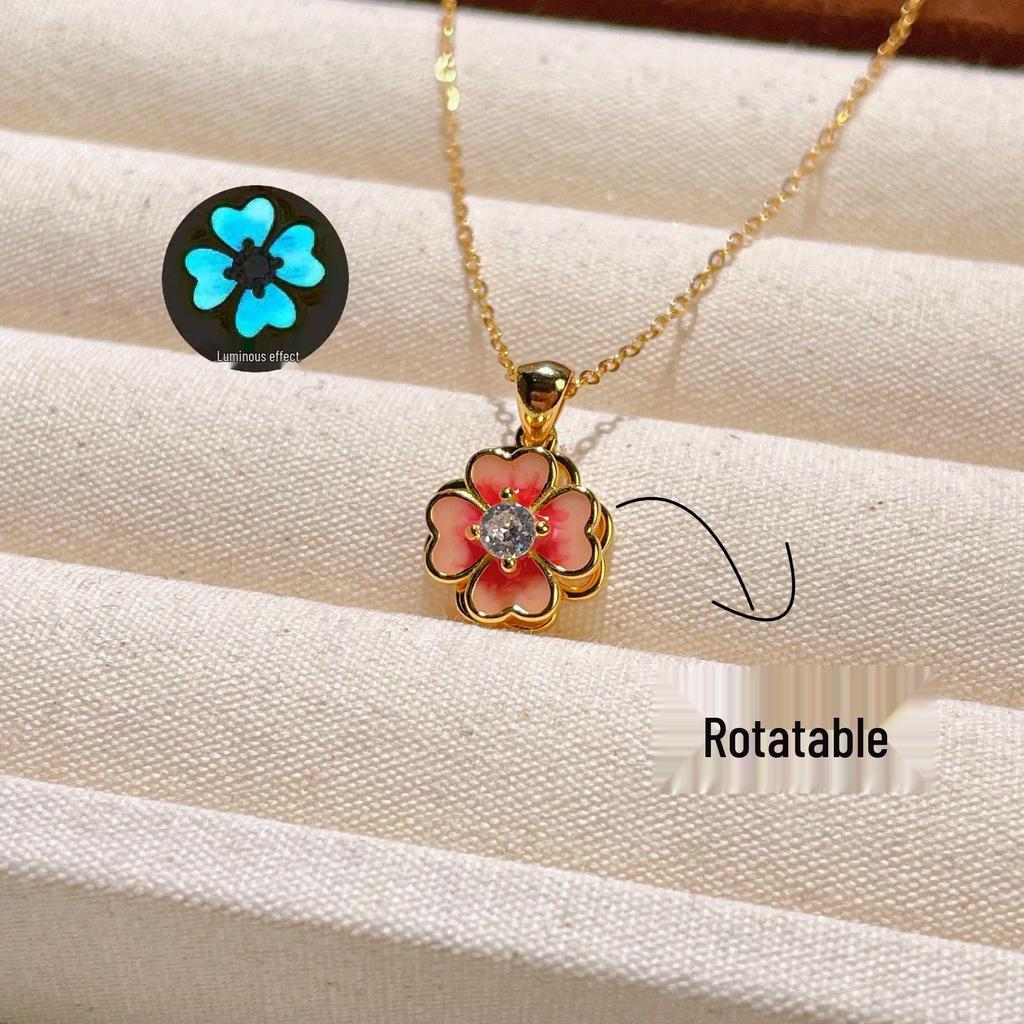 S925 Sterling Silver Fluorescent Four-Leaf Clover Pendant Necklace - Gradient Peach Blossom Resin Clavicle Chain