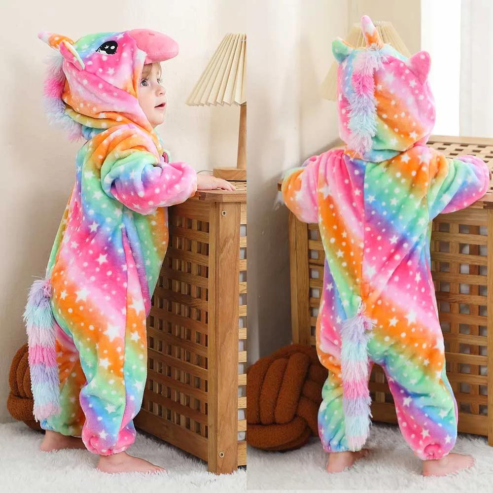 Winter Halloween Dinosaur Kigurumi Cosplay Clothes Hooded Animal Cow Monkey Unicorn Onesies Baby Thick Romper Newborn Jumpsuit