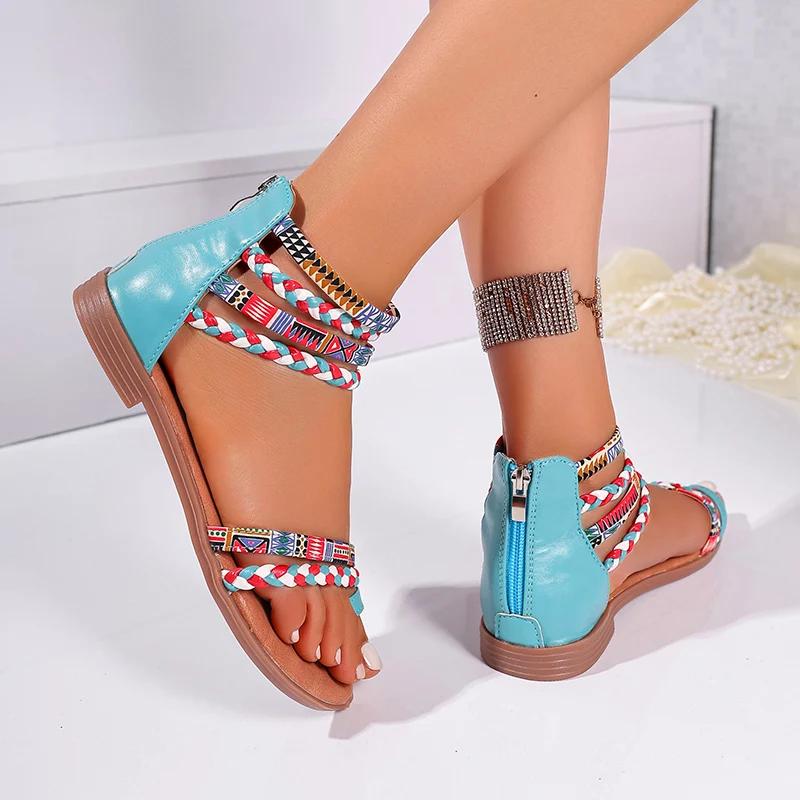 Fashion Braided Ankle Strap Roman Sandals for Women Summer 2025 Bohemian Printed Flat Sandals Woman Plus Size Casual Outdoor Beach Shoes