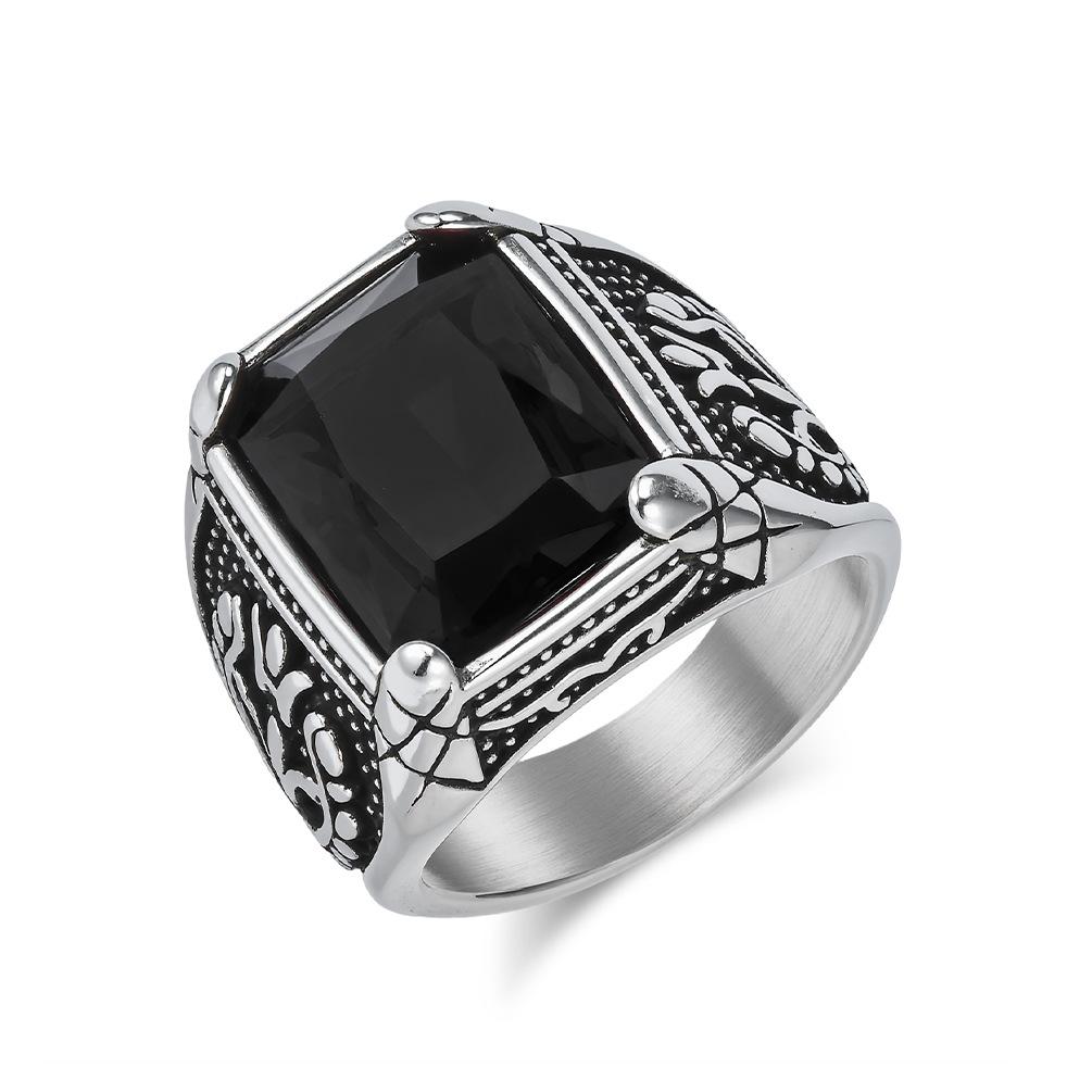 Vintage Tulip Men's Ring Stainless Steel Thumb Ring with Inlaid Glass Gemstone Retro Aesthetic Jewelry for Him
