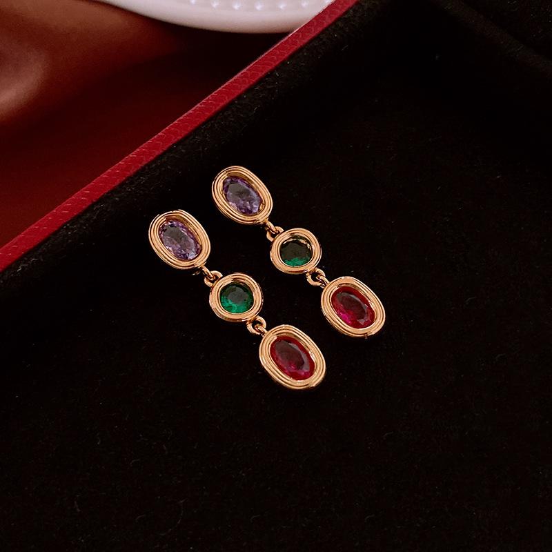 Vintage Silver Needle Zircon Oval Earrings - Retro High-End Women's Jewelry