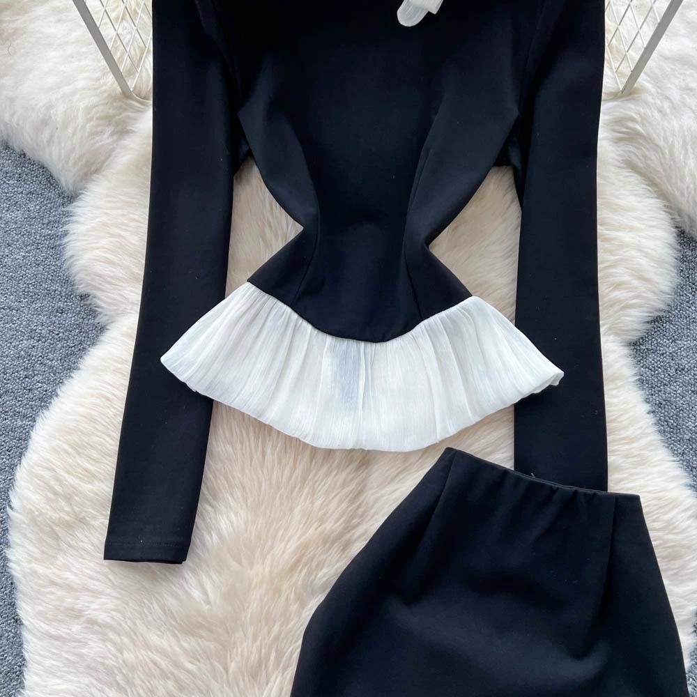 Autumn Winter Women Vintage Hepburn Style Black Business Outfits O-neck Blouses Tops and Long Midi Bodycon Pencil Skirt Office Work Two Piece Set