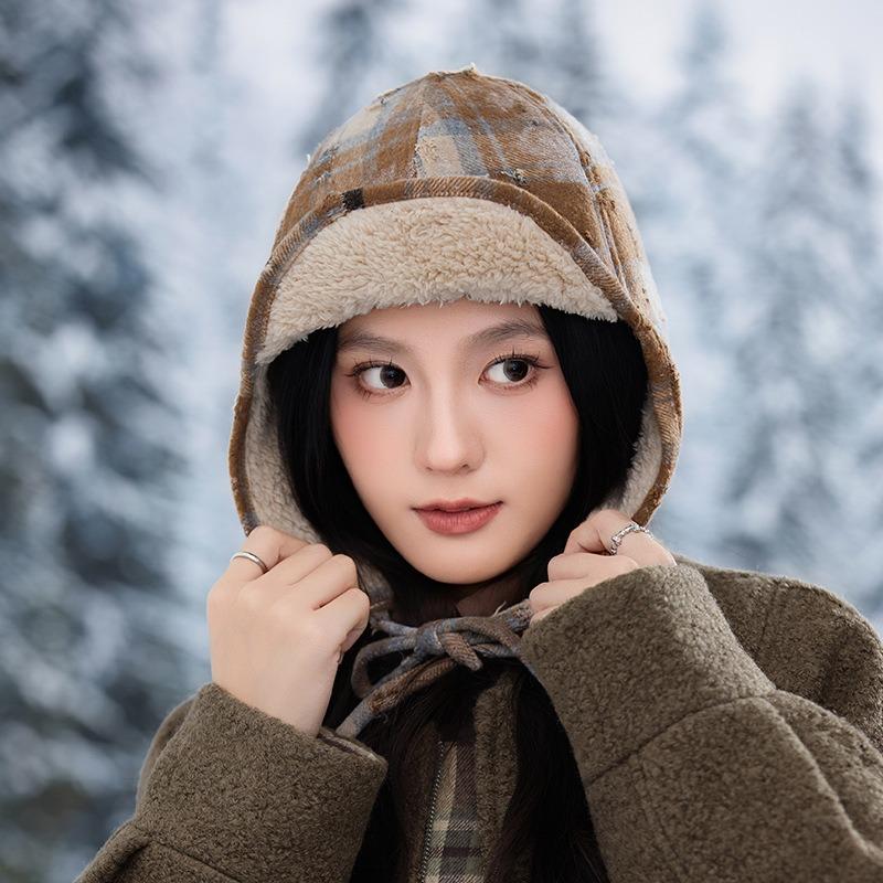 British plaid autumn and winter hat women's ear protection warm versatile head hat lamb wool fleece hat