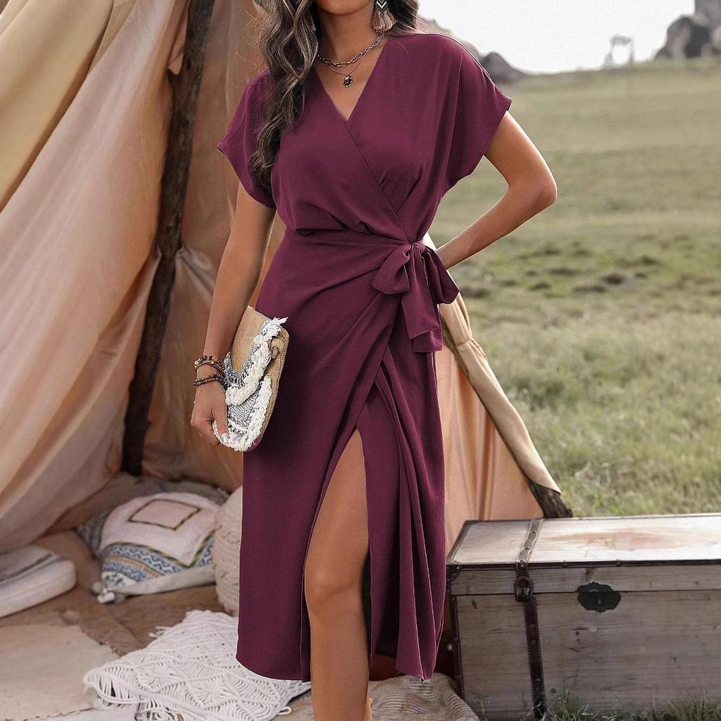 Women's Short Sleeve Maxi Dress V-Neck Solid Color Side Split Long Dress Formal Evening Party Maxi Gown