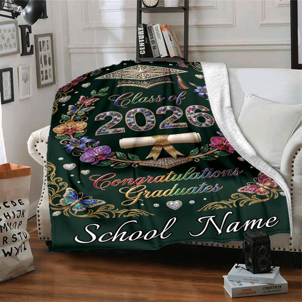 Graduation Celebration 2026 Floral Design Themed Blanket Personalized Name Soft Warm And Versatile For Sofa Bed Office And Travel Machine Washable