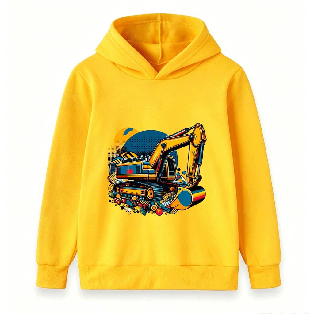 Kids Excavator Print Hoodie Sweatshirt, Cartoon Construction Vehicle Pullover for Boys Girls, Casual Long Sleeve Tops for Daily Wear