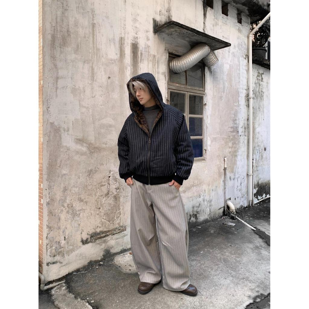 Black Leopard Print Retro Hooded Cotton Jacket with Vertical Stripes for Men & Women