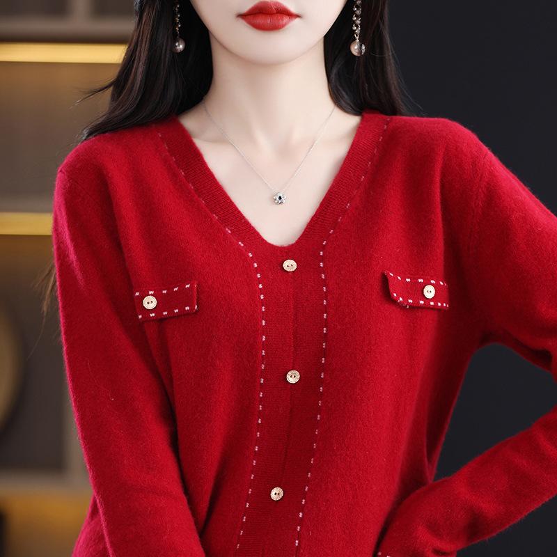 2023 Korean Style Versatile V-neck Loose Fit Cashmere Wool Sweater - 100% Pure Wool Knit