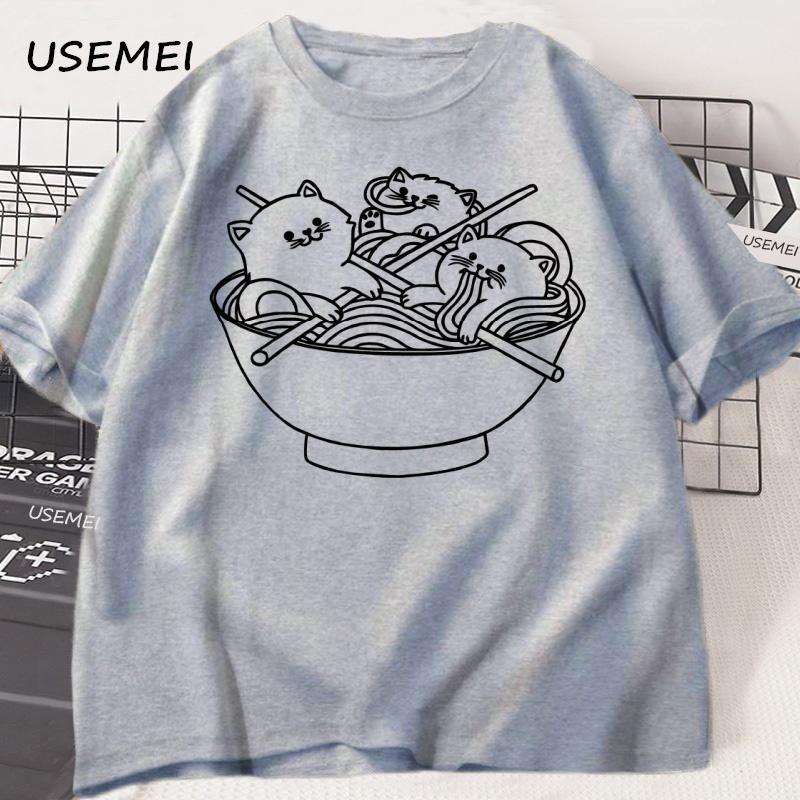 Japanese Style Cat Ramen T-Shirt Cotton Short Sleeve Kawaii Anime Tshirt Ramen Kitten Graphic Tees Cute Food Tee Shirt Clothes