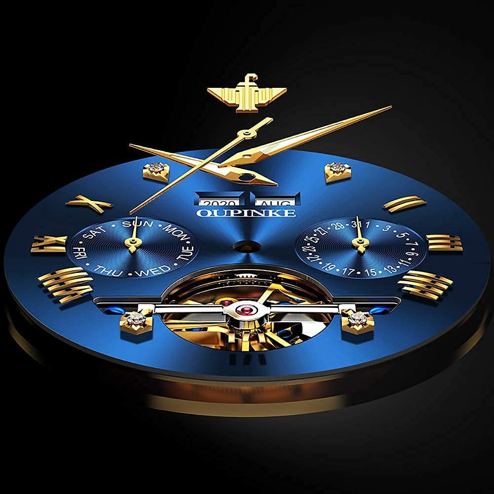 OUPINKE Automatic Watch Business Mechanical Watch Skeleton Waterproof Calendar Automatic Manual Winding Hollow Dial Blue Men's - - - - -