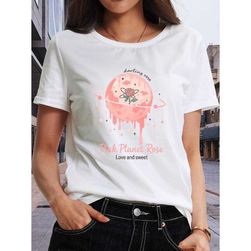 Women'S "Pink Planet Rose" Printed Short-sleeved T-shirt Moderate Elasticity, Machine Washable, Crew Neck, Fashionable Design, 2026 New Style