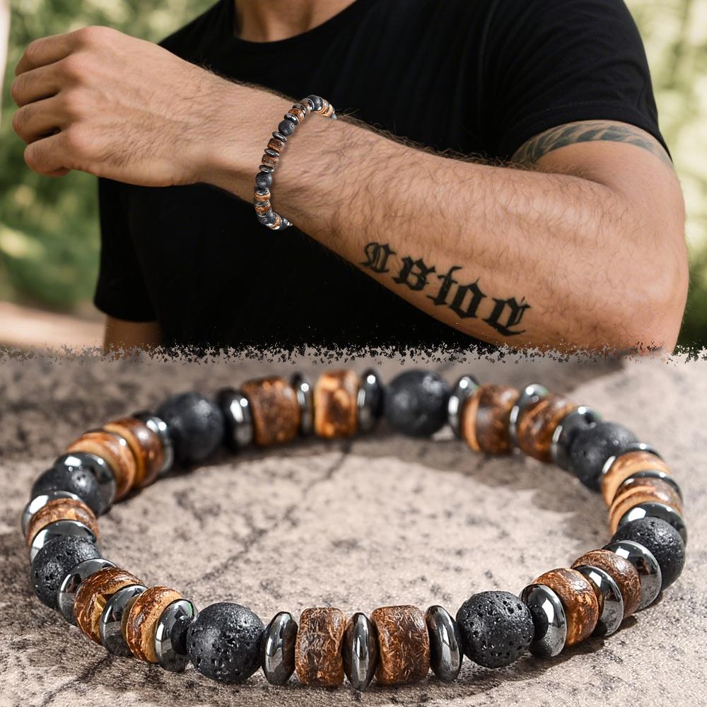 Men's Lava and Wood Bead Bracelet, Embellished with Hematite, Natural Stone Jewelry That Combines Energy,suitable for Daily Wear