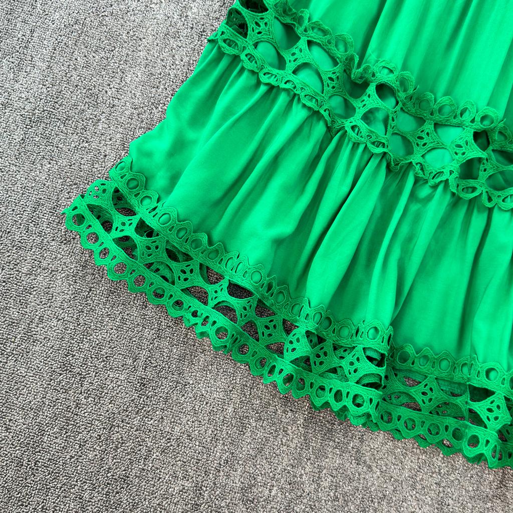 Court Style Elegant Dresses for Women Crochet Lace Hollow Out O-neck Lantern Sleeve Female Vestidos A-line Belted Dress Dropship