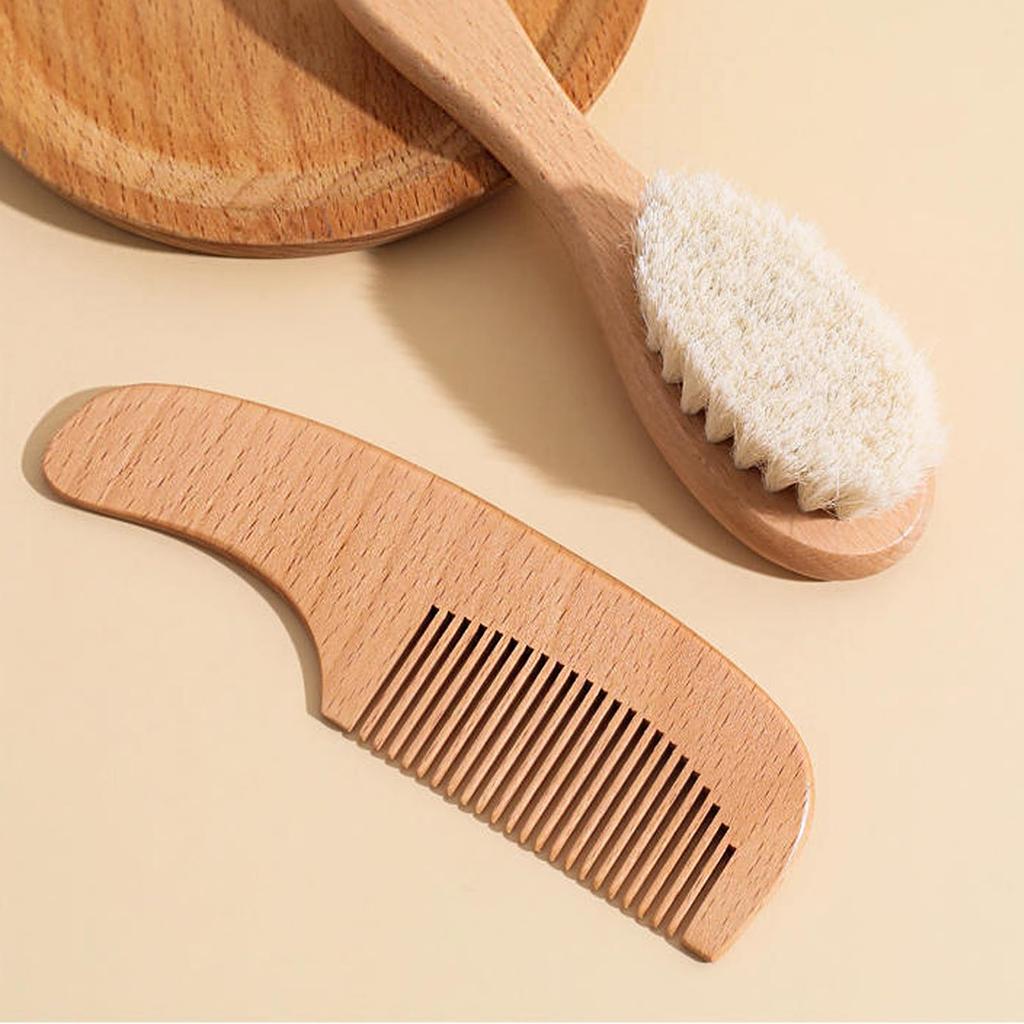 Baby Brush Comb Set with Natural Wood Handle and Soft Animal Suitable for Newborns and Gentle Scalp Perfect As a Baby Shower & Bristles. Up. Care.