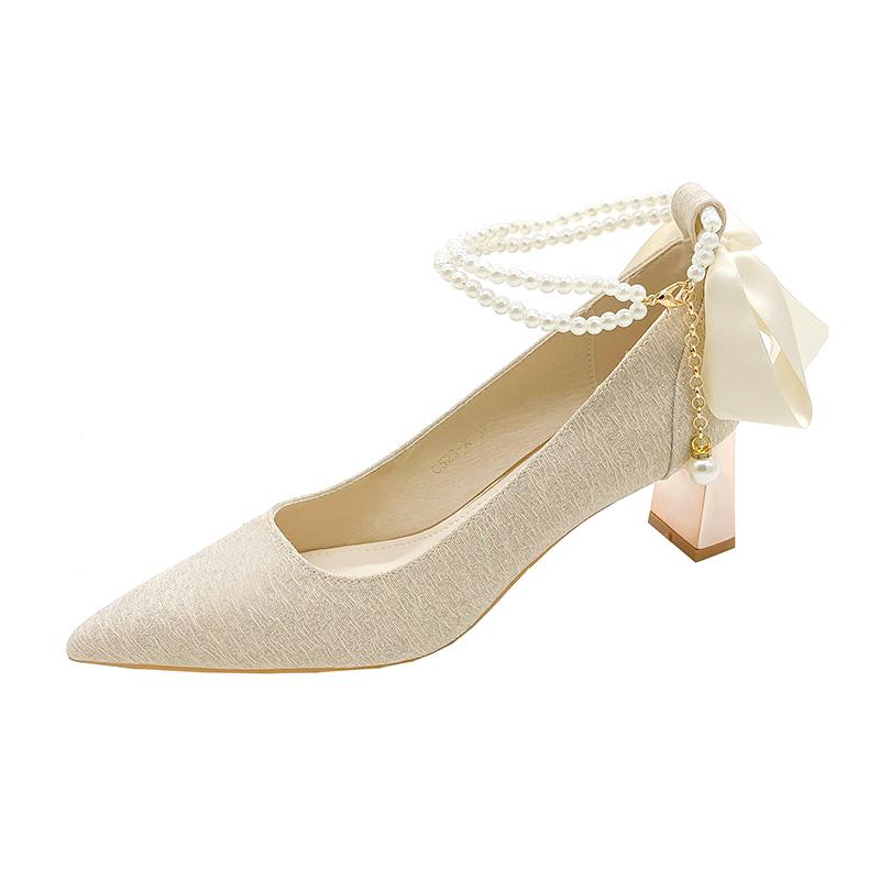 Fashion Bead Bow Women Mid Heels Shoes Designer Pointed Toe Elegant Pumps 2025 Autumn New Elegant Party Shoes Wedding Zapatillas Mujer