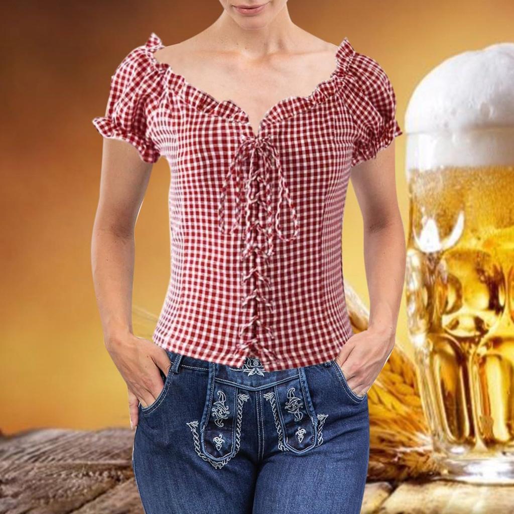 Traditional Women's Casual Short-Sleeve Plaid Shirt Beer Festival