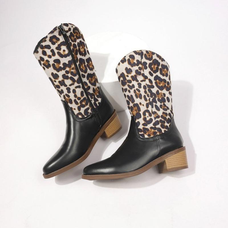 

Large size leather leopard print suede middle heel fashion women s boots autumn and winter new wind boots 36