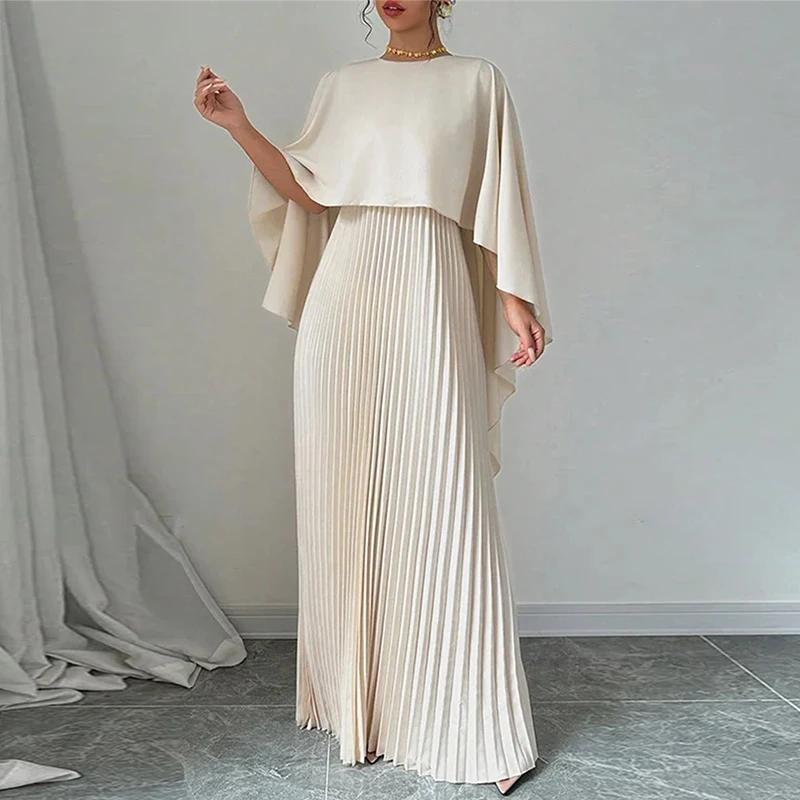Damen Elegant Rundhals Unregelmäßiger Schal & Weste Plissee Kleider Herbst Einfarbig Mantel 2 Stück Set Lose Abendkleid Urlaub