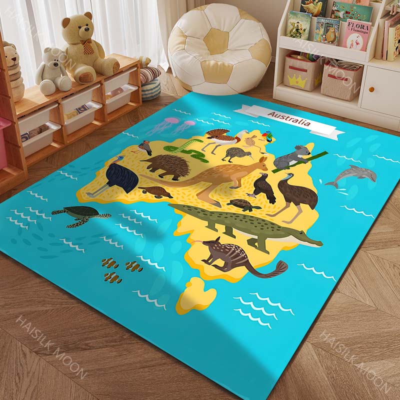 Cartoon Map of Five Continents with Animals Print Carpet for Living Room Bedroom Sofa Doormat Decor Kids Room Area Rug for Gifts