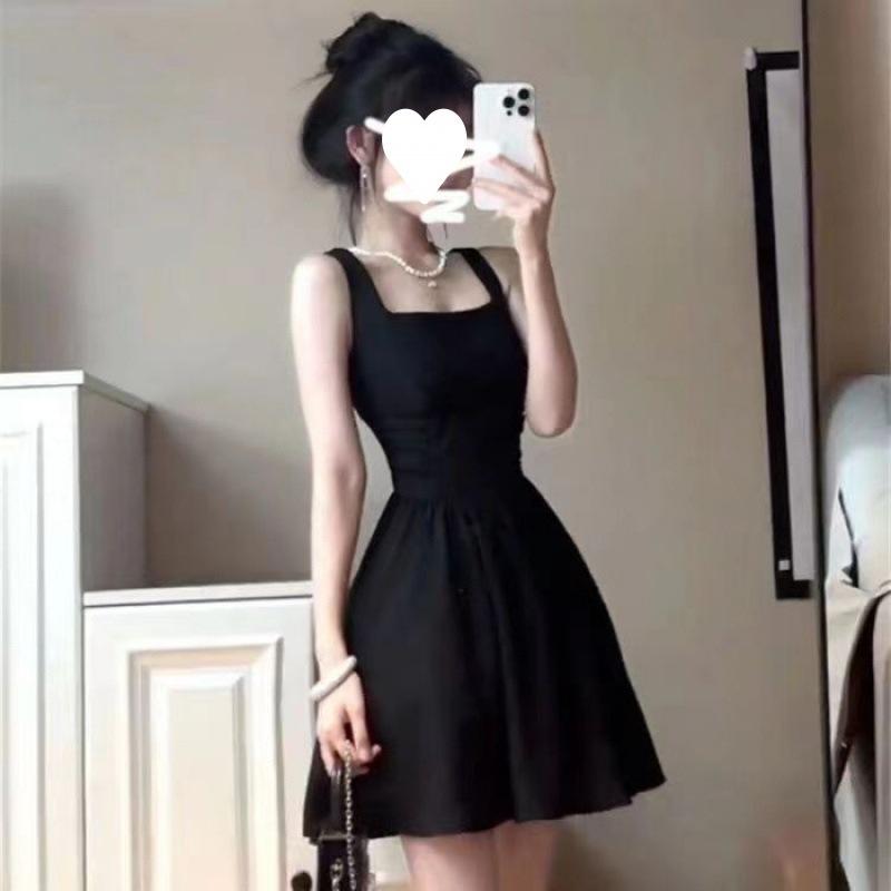 Summer waist new small temperament short skirt high sense Hepburn super fairy small black suspender dress S